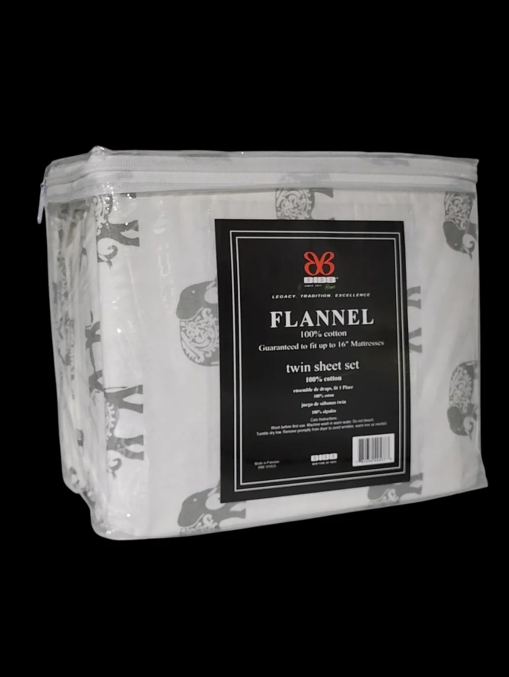 BIBB Home Twin Size Ivory Cotton Flannel Sheet Set‎ of 3pc With Gray Elephants